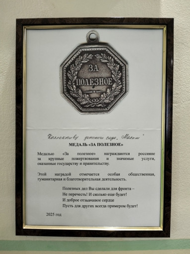 "Медаль за полезное" детского сада "Малыш" "Медаль за полезное" детского сада "Малыш".